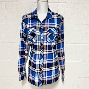 Eddie Bauer Women’s Blues & Pink Lightweight Flannel Button Down Shirt Size L